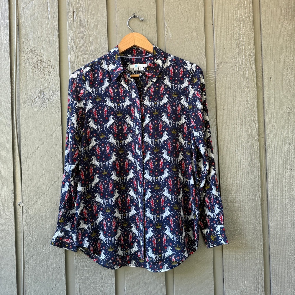 Boden Silk Button Down Shirt Womens Horse Union Jack Print Size 4 Navy Blue